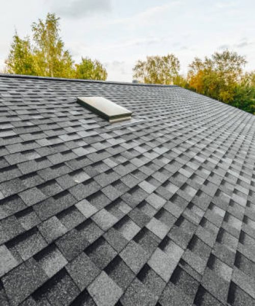 roof of new house with shingles roof-tiles and ventilation window